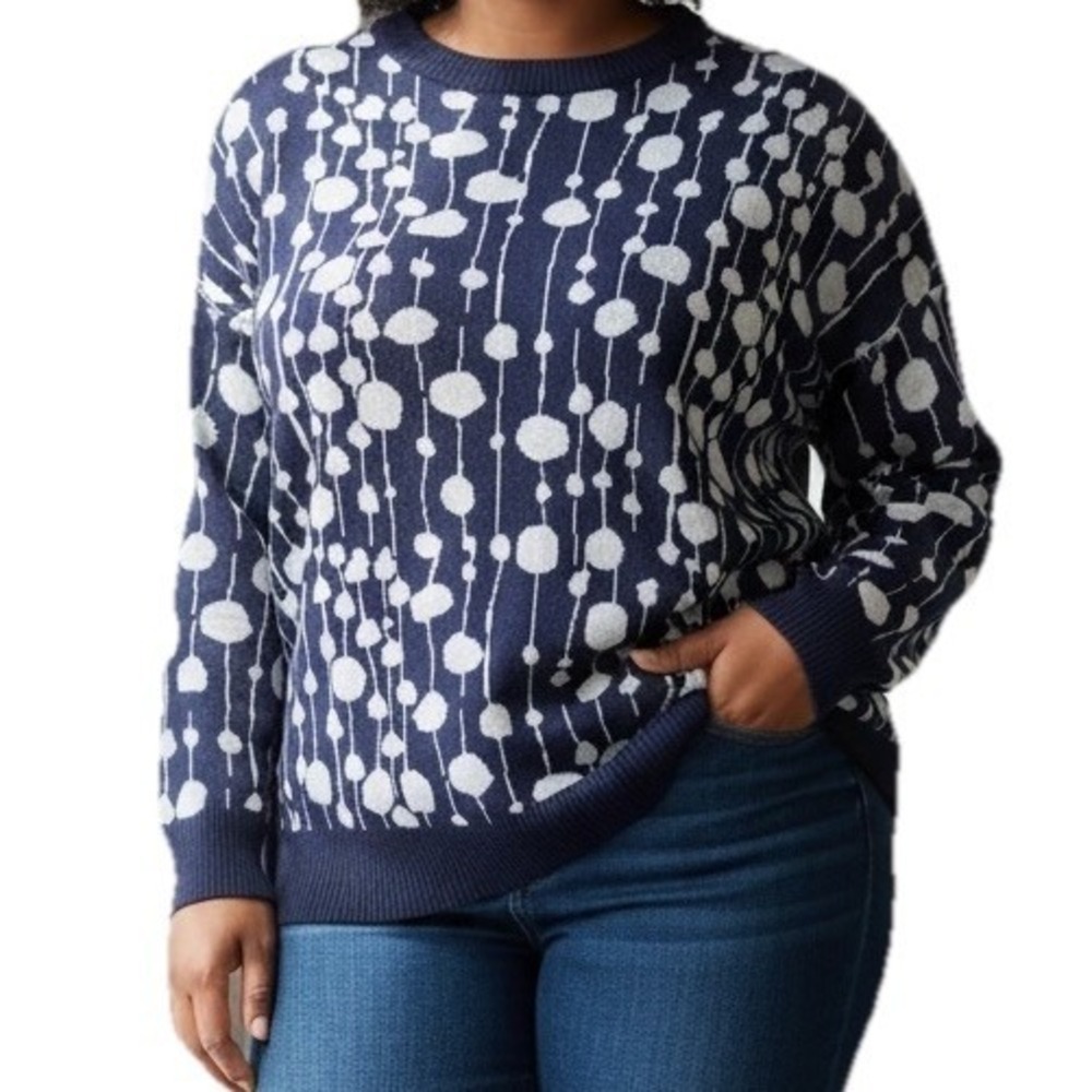 Polka Dot Womens Sweater Navy Blue White 2XL Nautical Cozy Sunday Thick Pullover